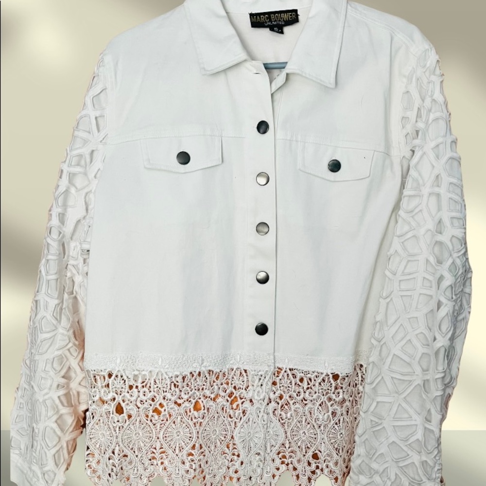 Marc Bouwer Unlimited Cotton Jean Jacket Style Top w/ Crochet Lace XL